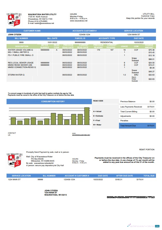download download USA Wawatosa Water Utility utility bill template in Word and PDF format PDF template PDF template